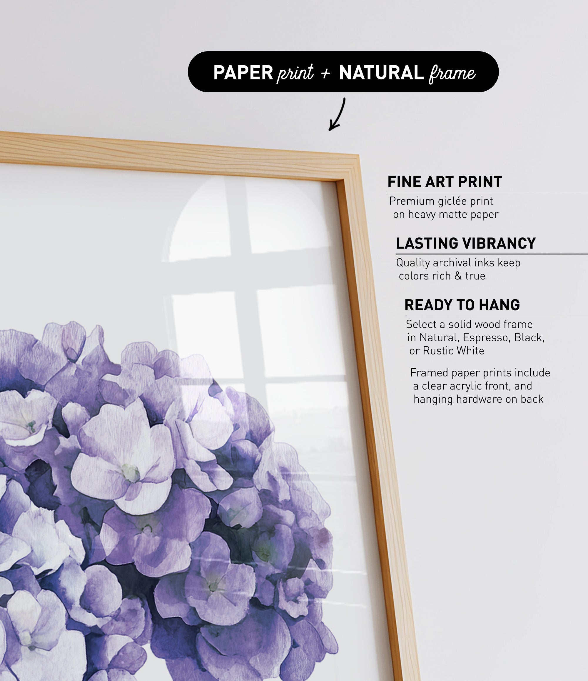 a close-up of a bunch of purple flowers, with a wooden frame surrounding them.