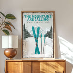 a poster of skis on a wall above a dresser