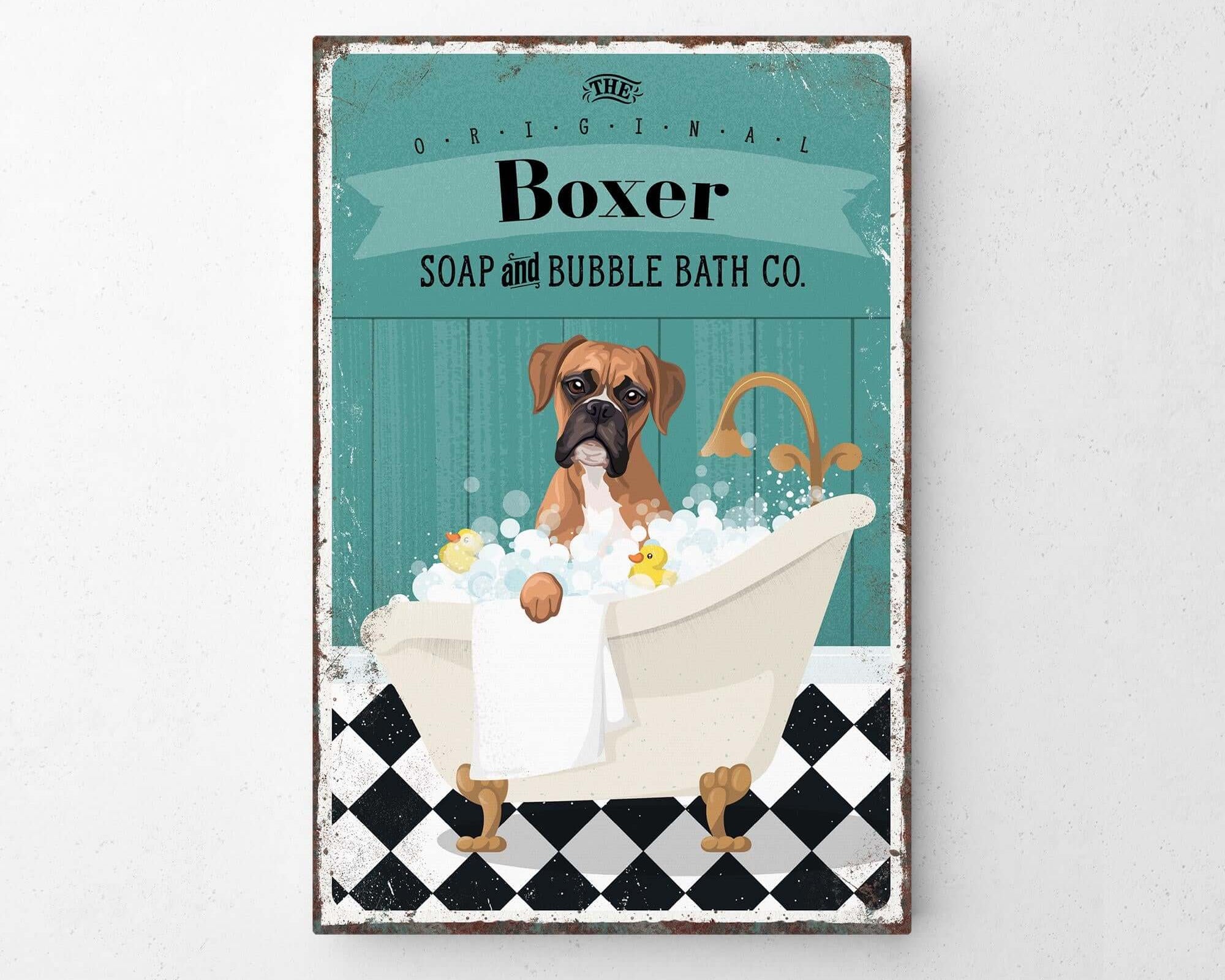 A vintage-style advertisement for a dog-themed bath product called "Boxer Soap and Bubble Bath Co." featuring a brown dog sitting in a bathtub filled with bubbles.