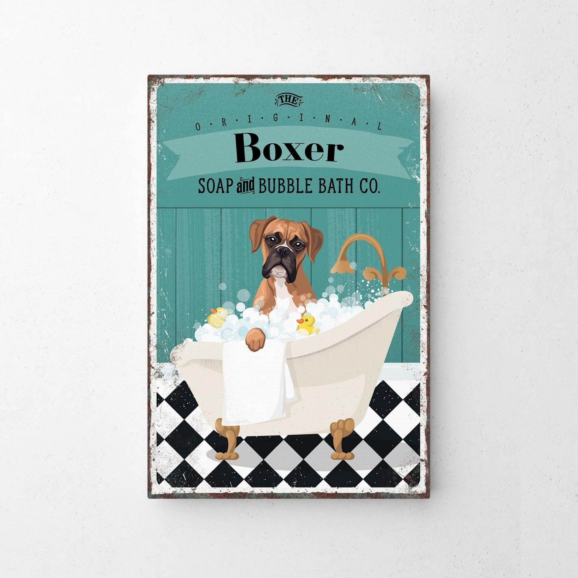 A vintage-style advertisement for a dog-themed bath product called "Boxer Soap and Bubble Bath Co." featuring a brown dog sitting in a bathtub filled with bubbles.