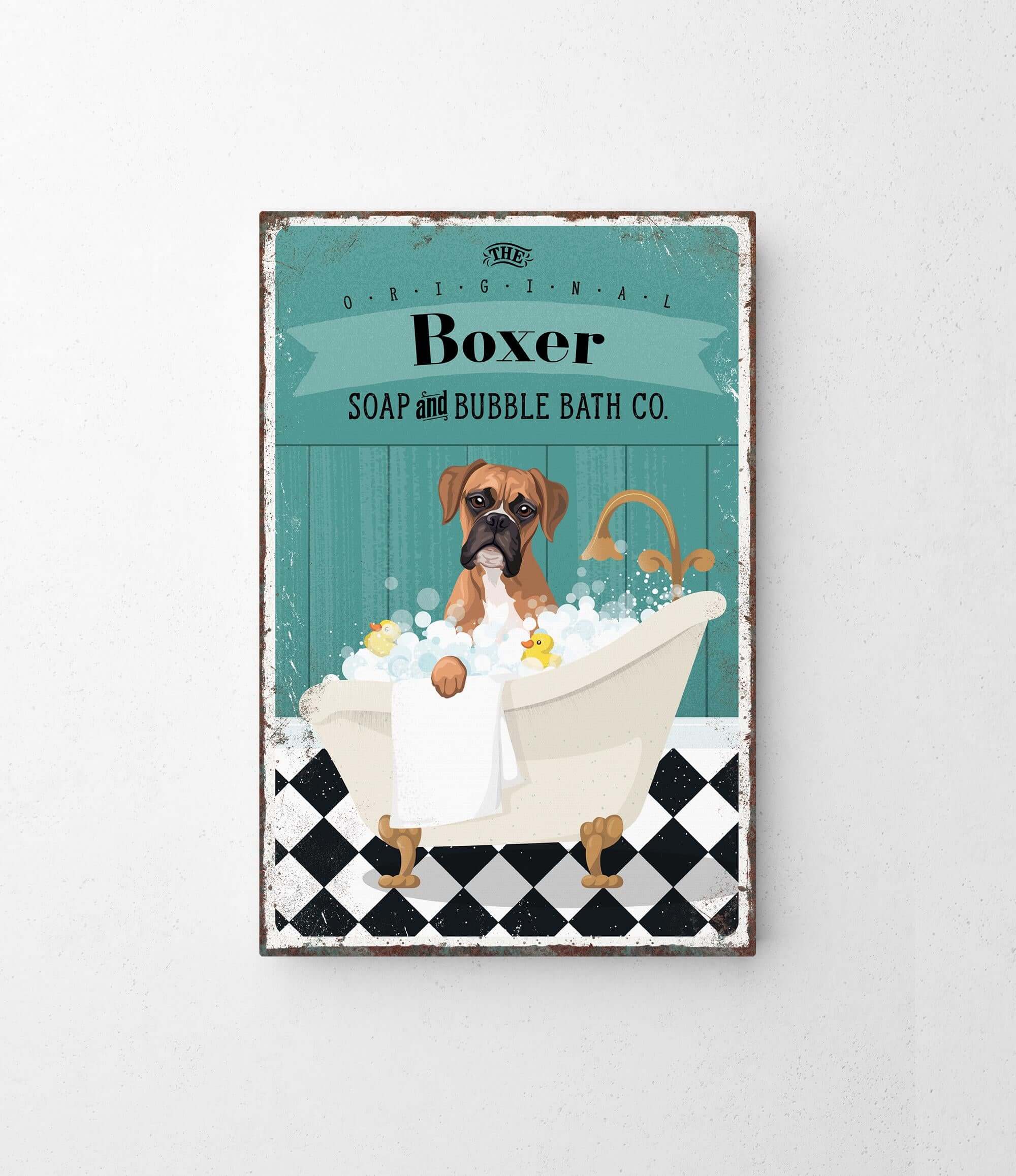 A vintage-style advertisement for a dog-themed bath product called "Boxer Soap and Bubble Bath Co." featuring a brown dog sitting in a bathtub filled with bubbles.