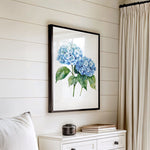 a white dresser with a framed picture of blue hydrangeas hanging on the wall above it.