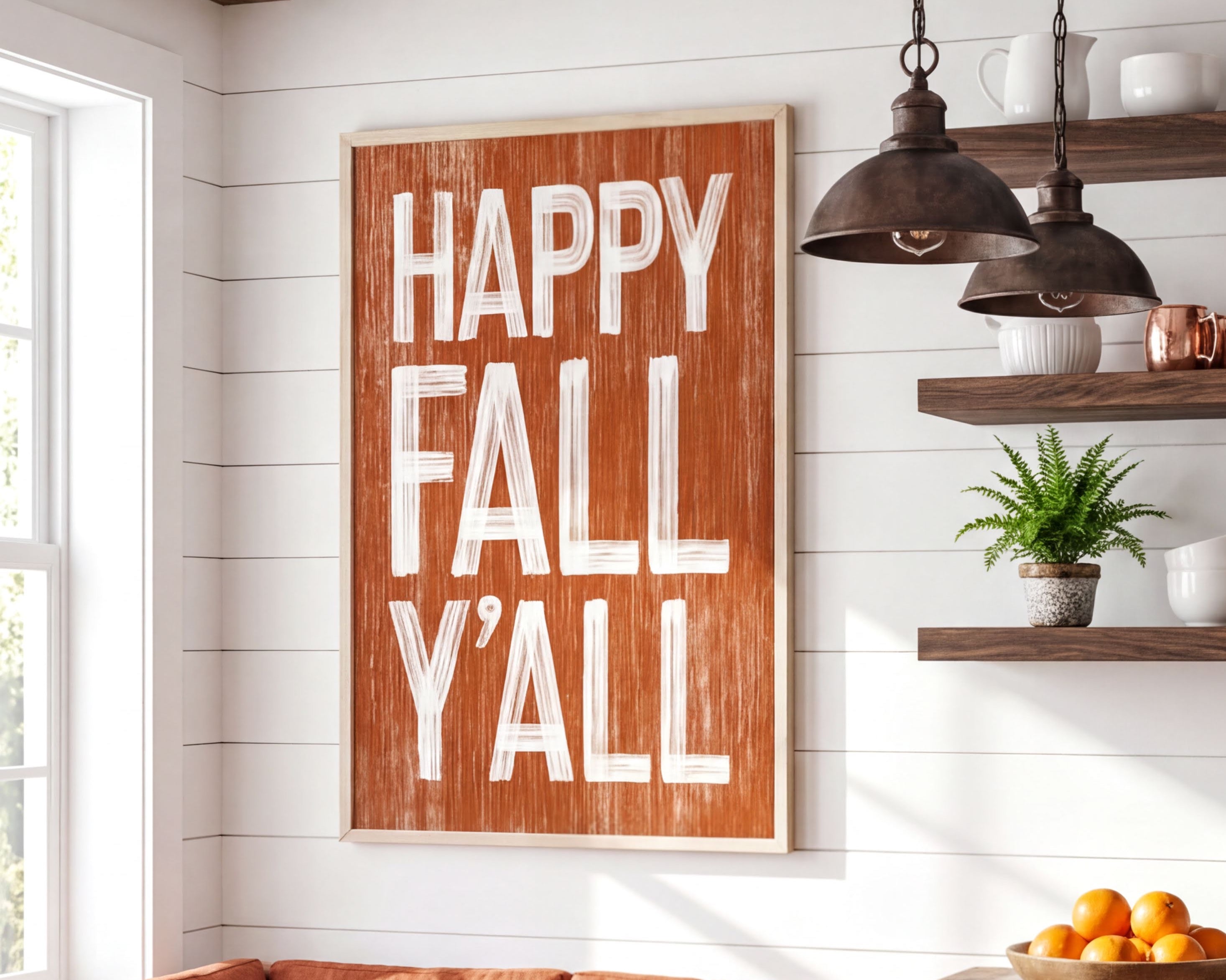 a cozy kitchen scene with a rustic wooden table, a potted plant, and a framed sign that reads "HAPPY FALL 'Y'ALL".