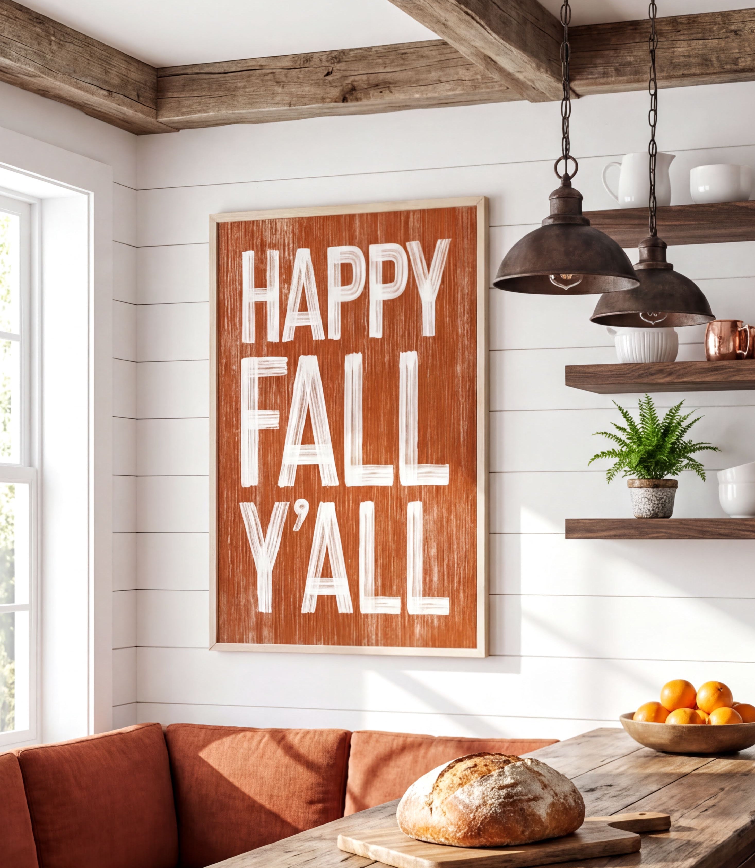 a cozy kitchen scene with a rustic wooden table, a potted plant, and a framed sign that reads "HAPPY FALL 'Y'ALL".