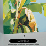The image is an aluminum print depicting a close-up view of a banana plant with vibrant green leaves and yellow bananas.