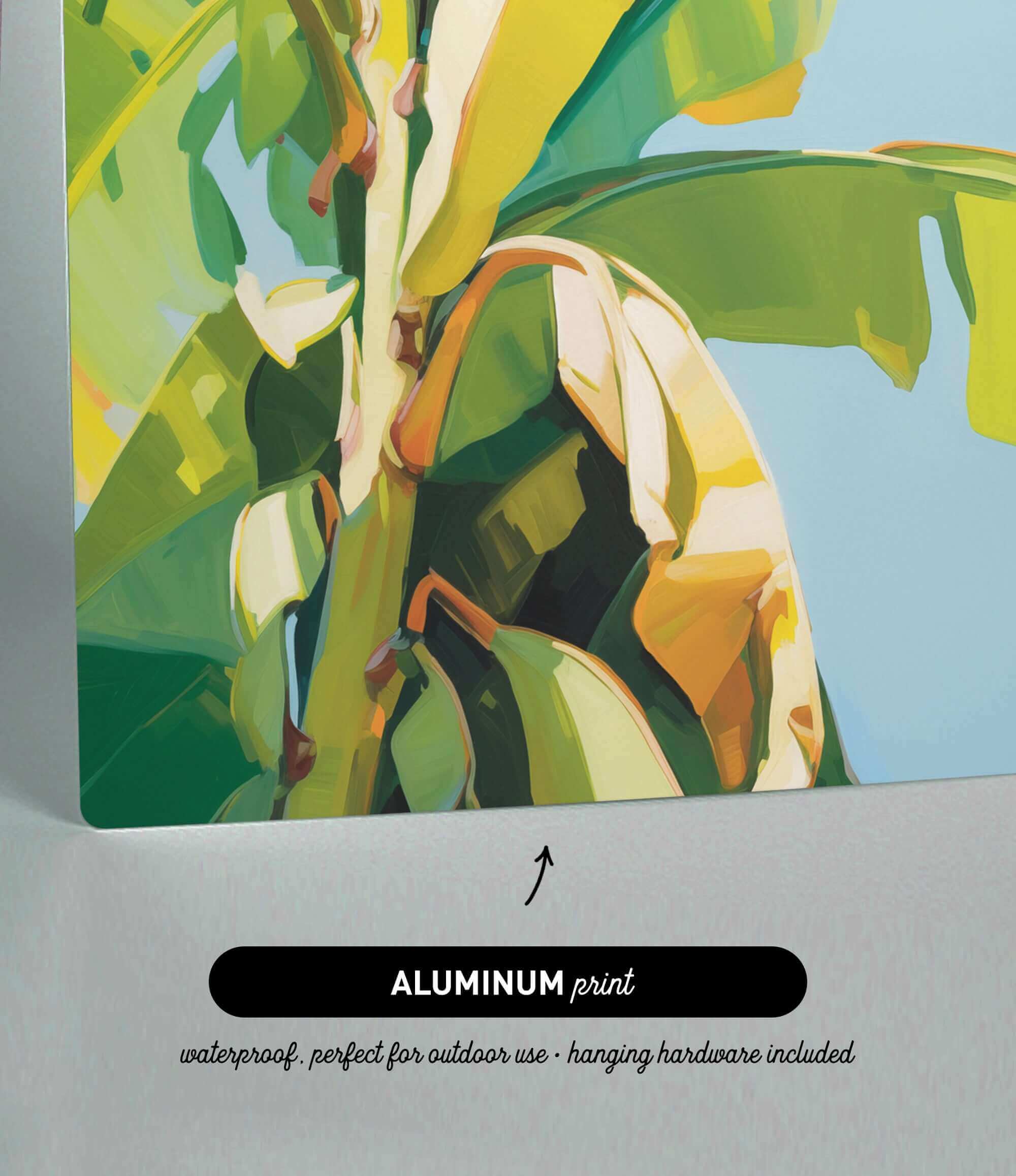 The image is an aluminum print depicting a close-up view of a banana plant with vibrant green leaves and yellow bananas.
