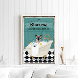 A framed poster of a Siamese cat sitting in a bathtub filled with bubbles, with a vintage-style design.