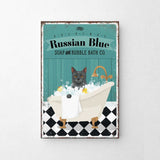 A vintage-style poster advertising "Russian Blue Soap and Bubble Bath Co.", featuring a cat sitting in a bathtub filled with bubbles.