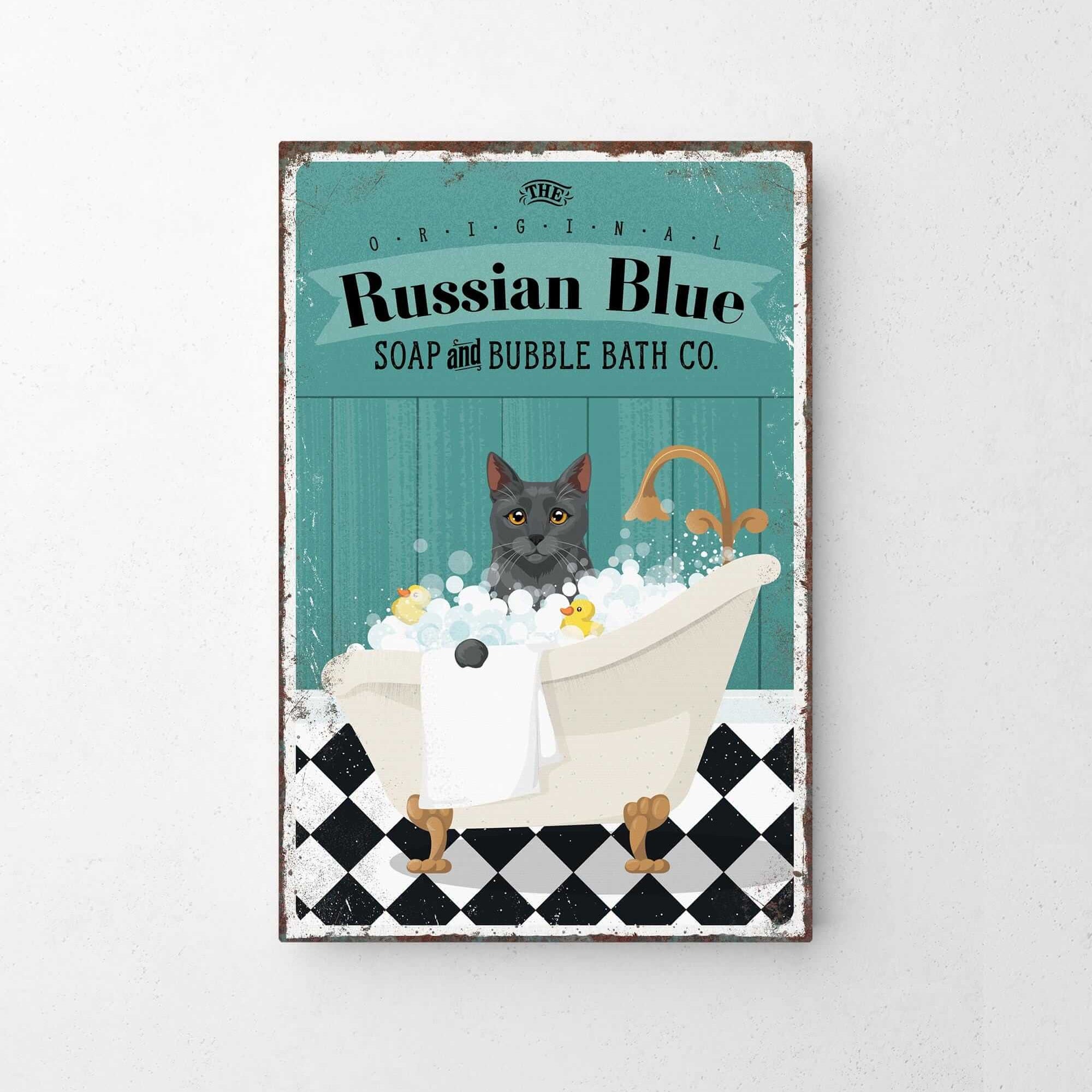 A vintage-style poster advertising "Russian Blue Soap and Bubble Bath Co.", featuring a cat sitting in a bathtub filled with bubbles.