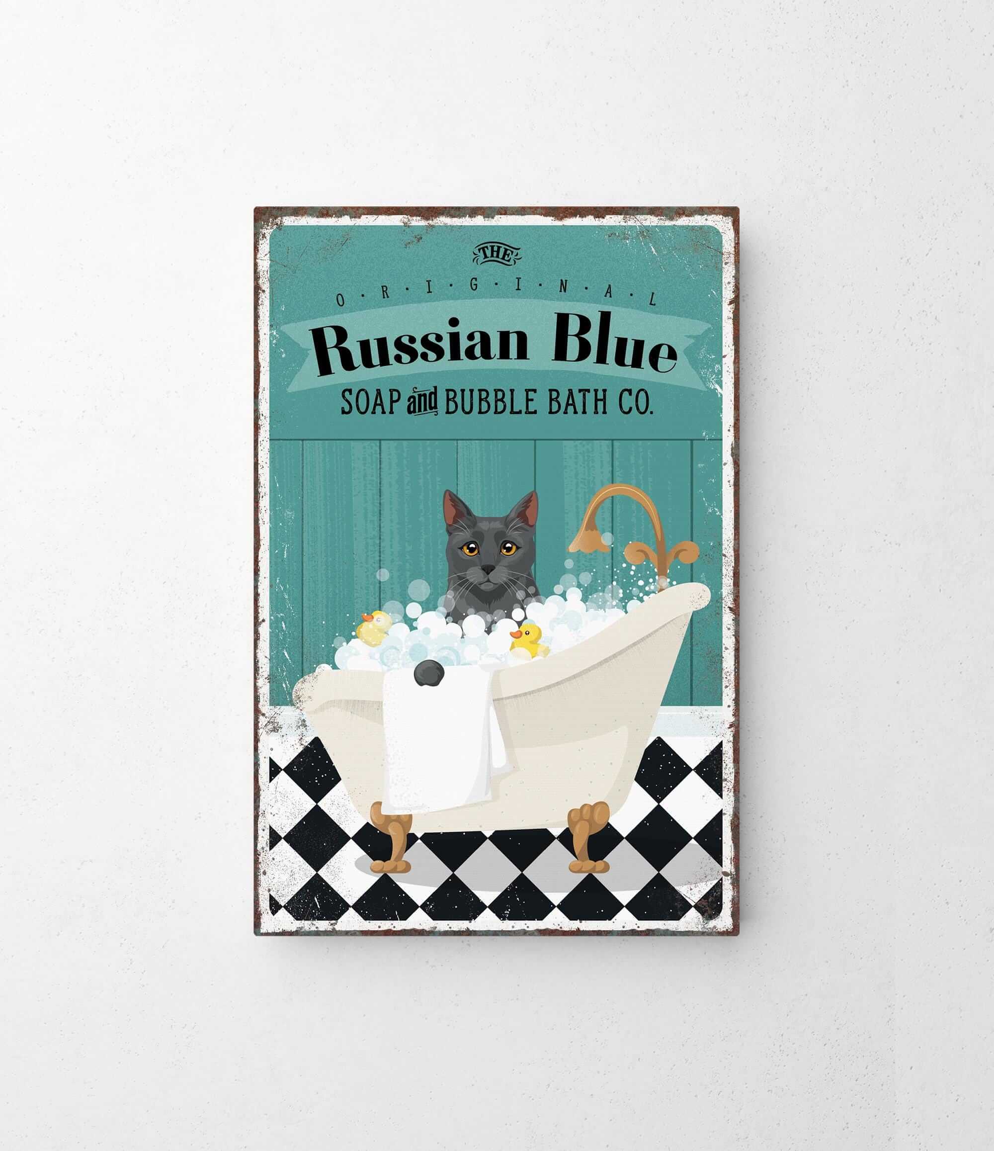 A vintage-style poster advertising "Russian Blue Soap and Bubble Bath Co.", featuring a cat sitting in a bathtub filled with bubbles.