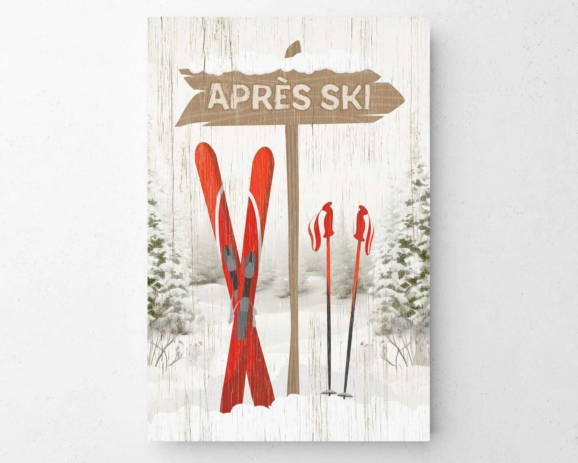 a picture of skis and a sign on a wall