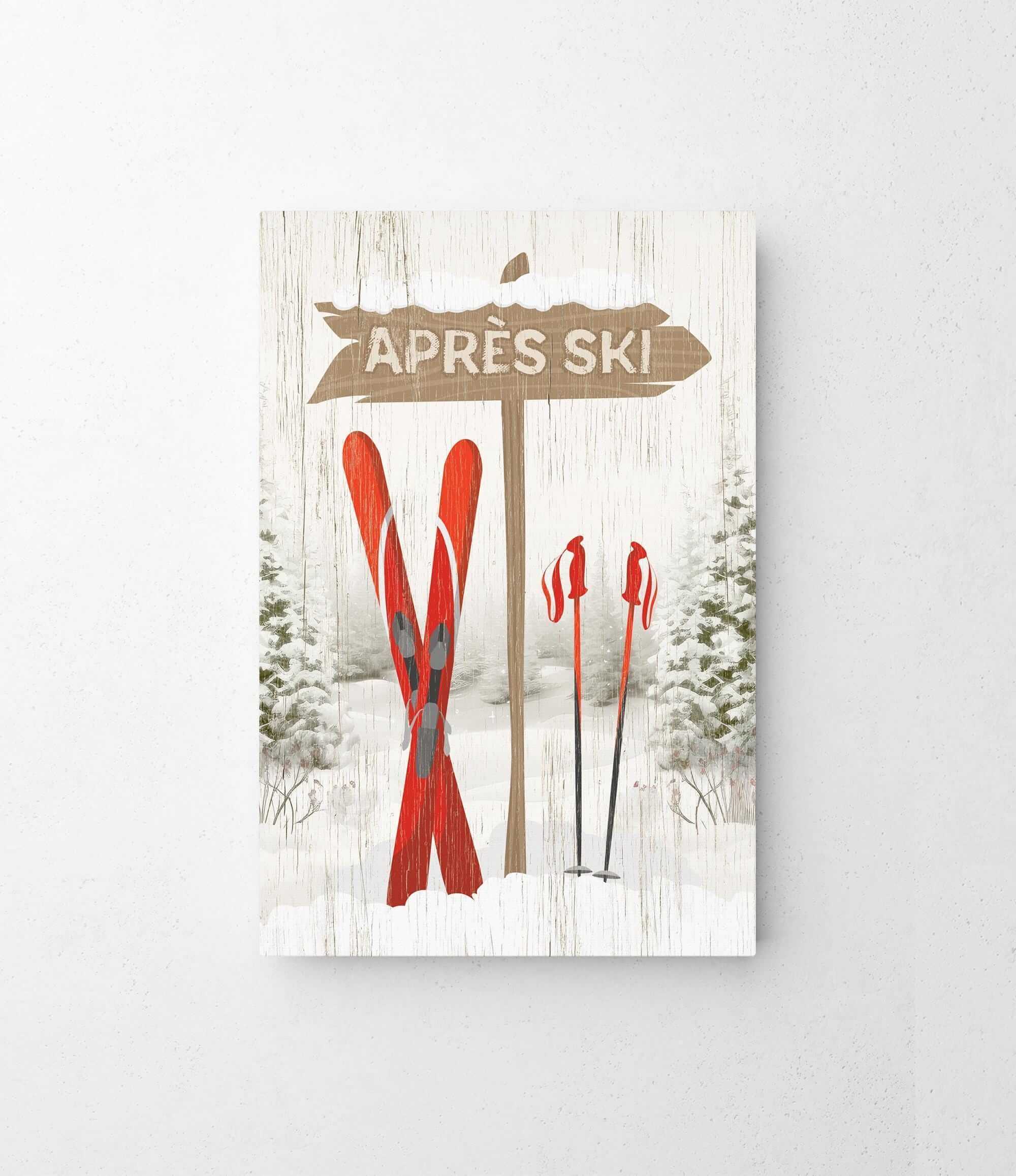 a picture of skis and a sign on a wall