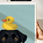A black dog with a yellow rubber duck perched on its head.