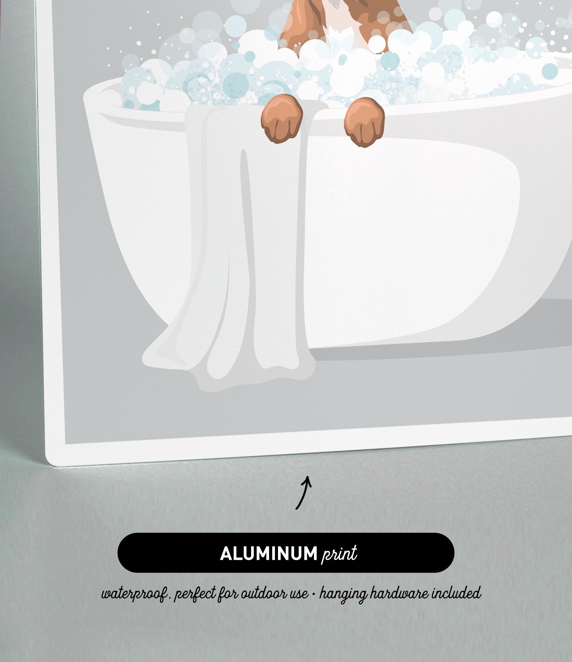 a dog sitting in a bathtub filled with bubbles, with its paws hanging over the edge.