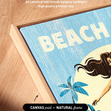 a framed artwork with a beach scene, including palm trees and a woman with long hair. The artwork is described as having "Artwork wraps around the sides of canvas" and "All canvas prints include hanging hardware" and "High quality archival inks".
