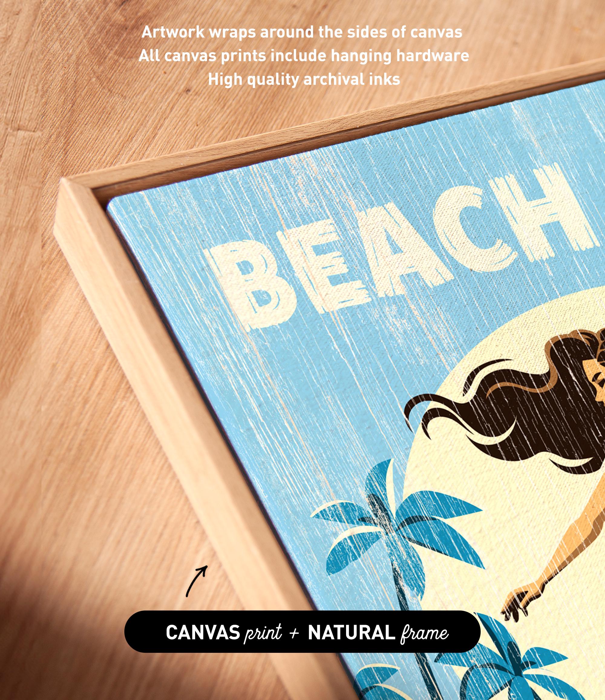 a framed artwork with a beach scene, including palm trees and a woman with long hair. The artwork is described as having "Artwork wraps around the sides of canvas" and "All canvas prints include hanging hardware" and "High quality archival inks".