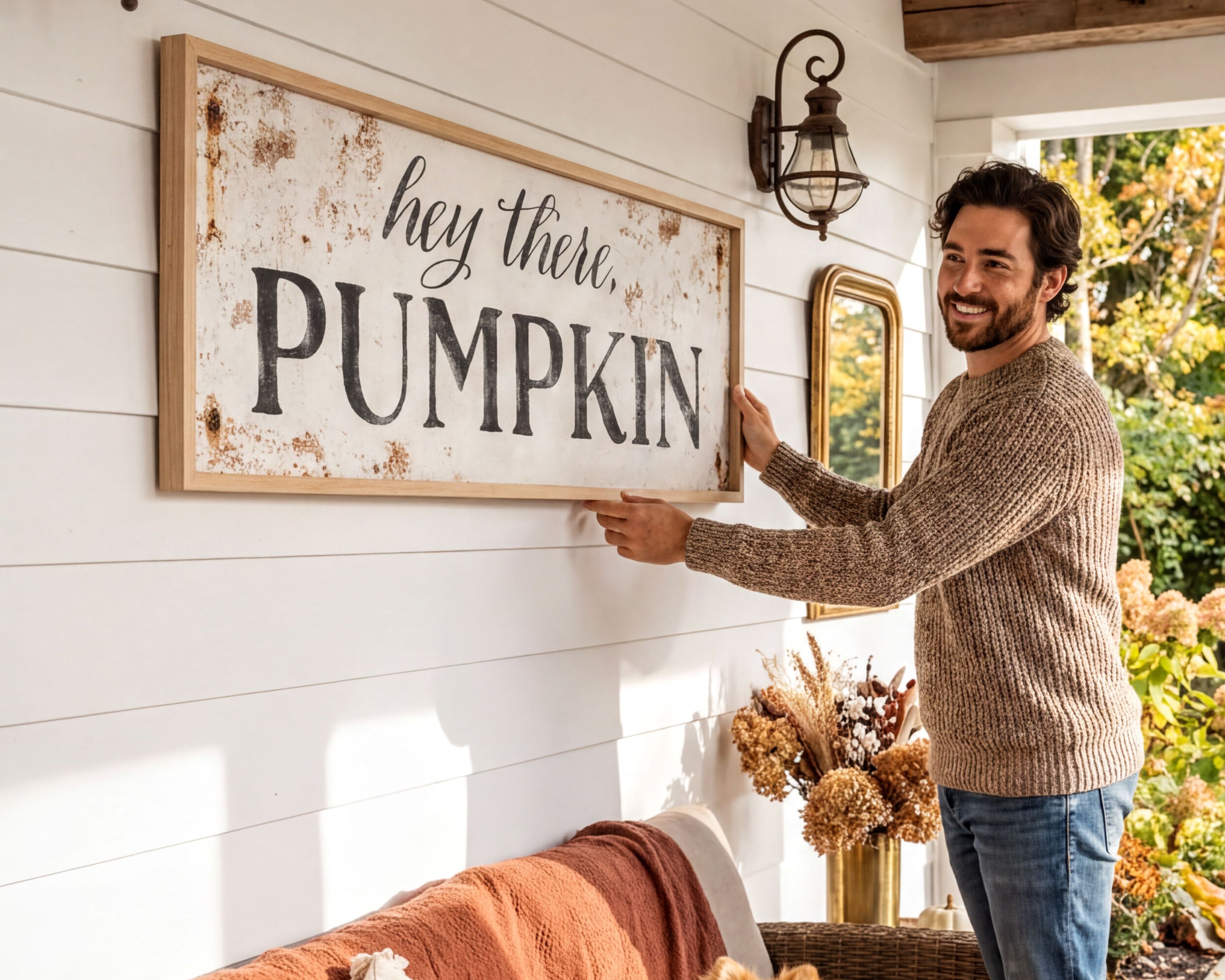 A man is standing on a porch, holding up a large sign that says "hey there PUMPKIN" in front of a white wall. The porch has a couch, a dog, and some decorations, creating a cozy and festive atmosphere.