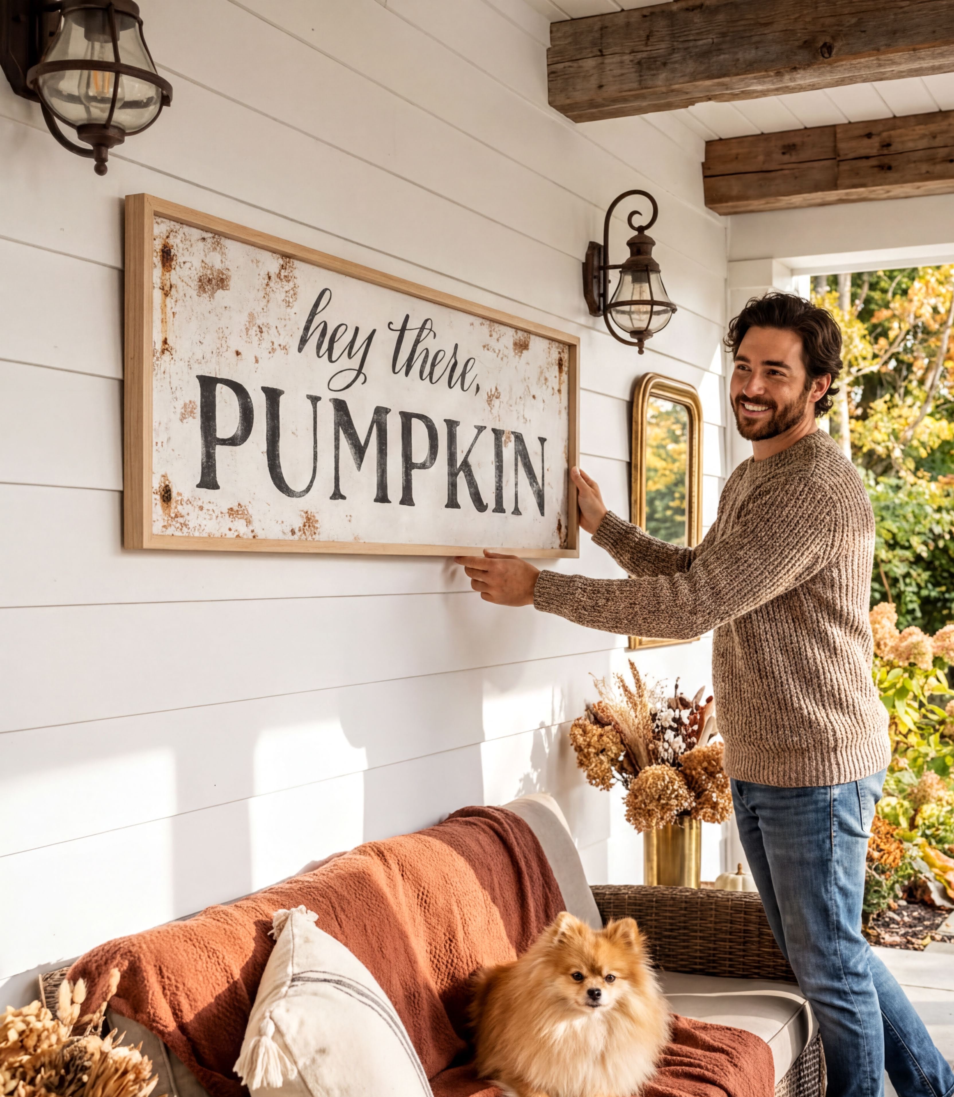 A man is standing on a porch, holding up a large sign that says "hey there PUMPKIN" in front of a white wall. The porch has a couch, a dog, and some decorations, creating a cozy and festive atmosphere.