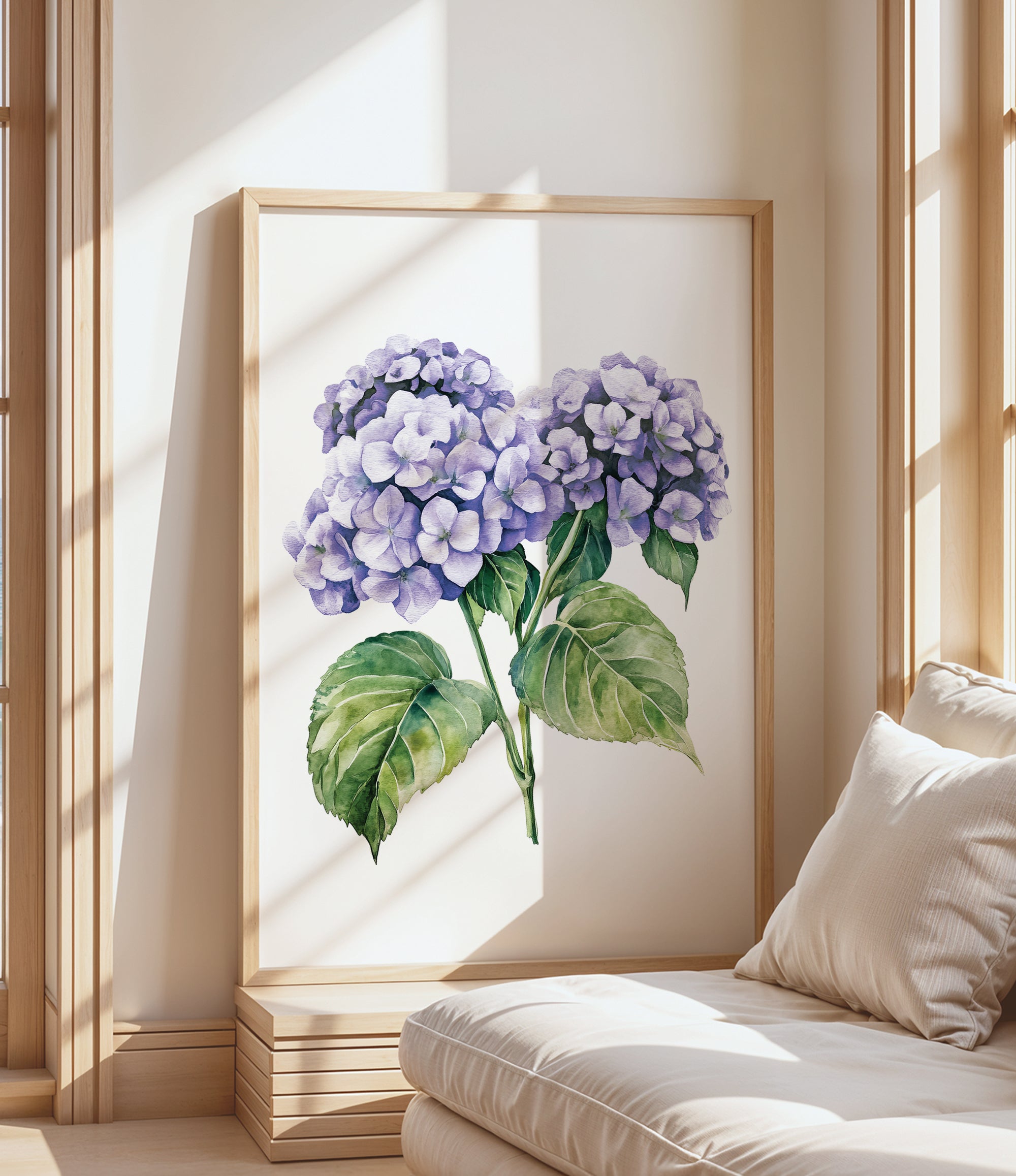 a large framed painting of purple hydrangeas on a wall, with a wooden frame and a white background.