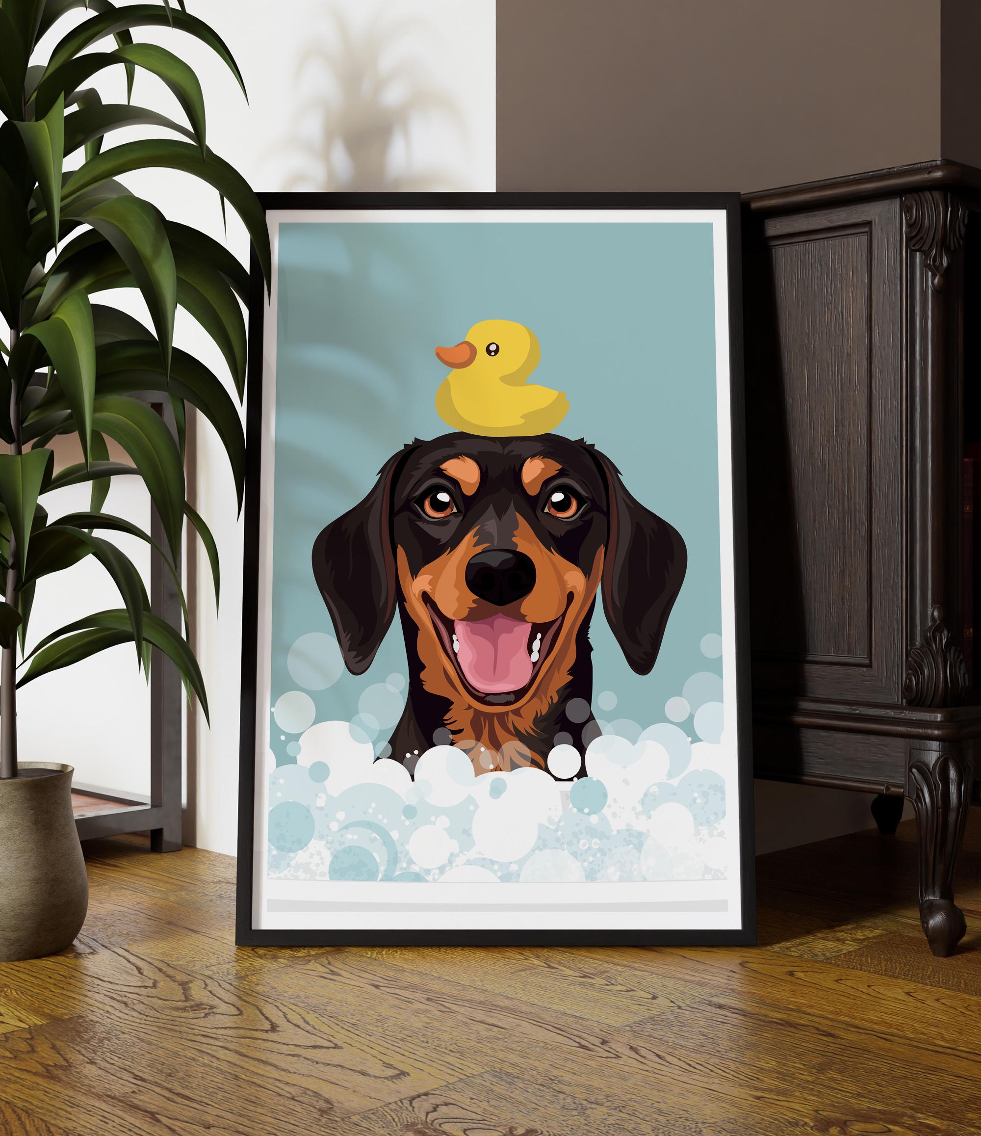 A framed illustration of a dog with a yellow rubber duck on its head, surrounded by bubbles, is displayed on a wooden floor.