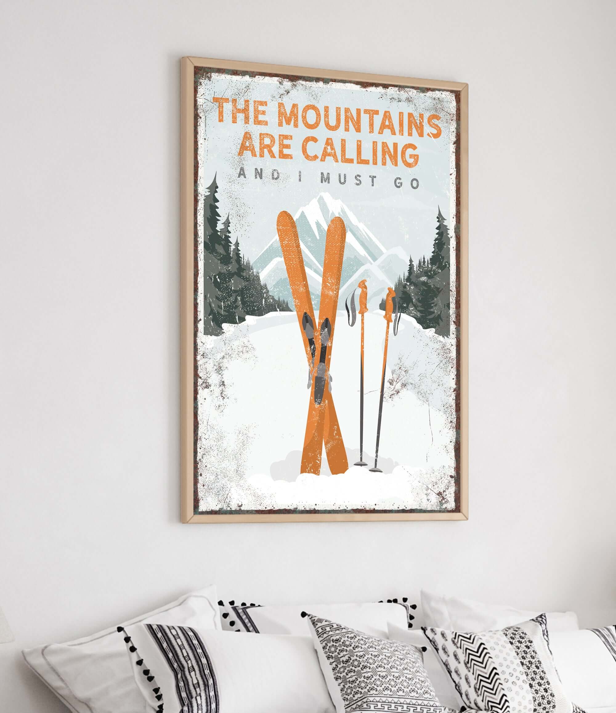 a picture of a ski poster hanging on a wall