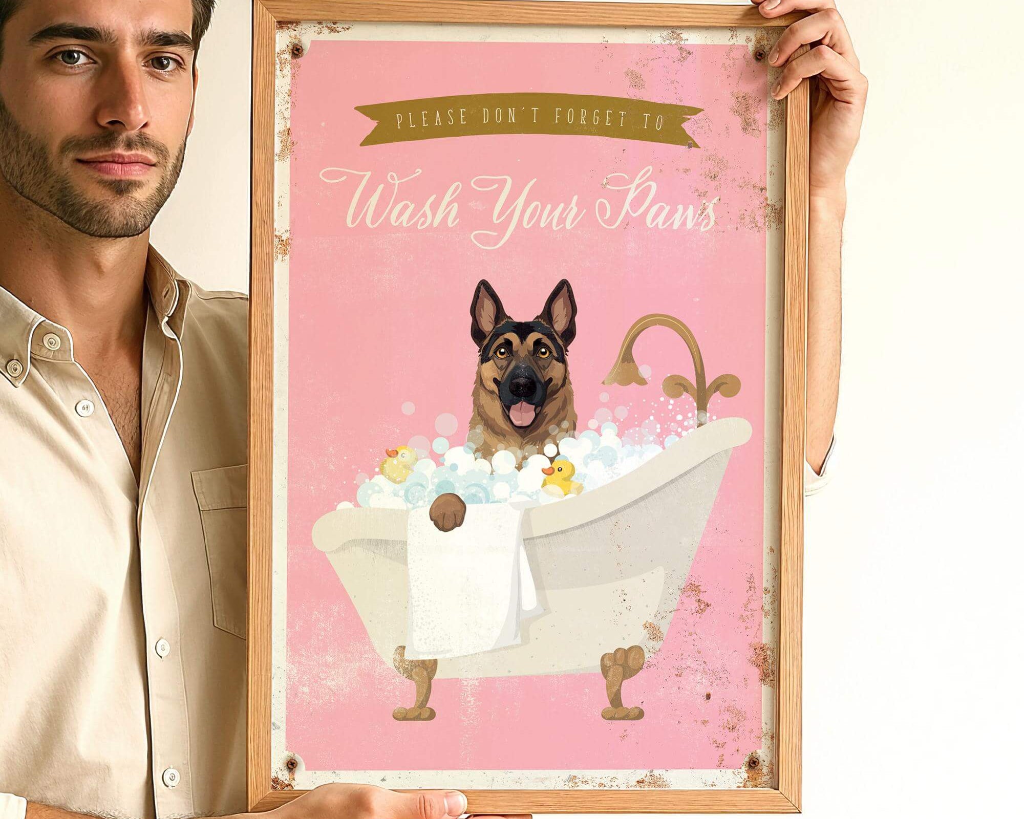 A man is holding a framed poster with a dog sitting in a bathtub filled with bubbles.