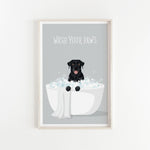 A framed illustration of a black dog sitting in a white bathtub filled with bubbles, with the text "WASH YOUR PAWS" displayed above it.