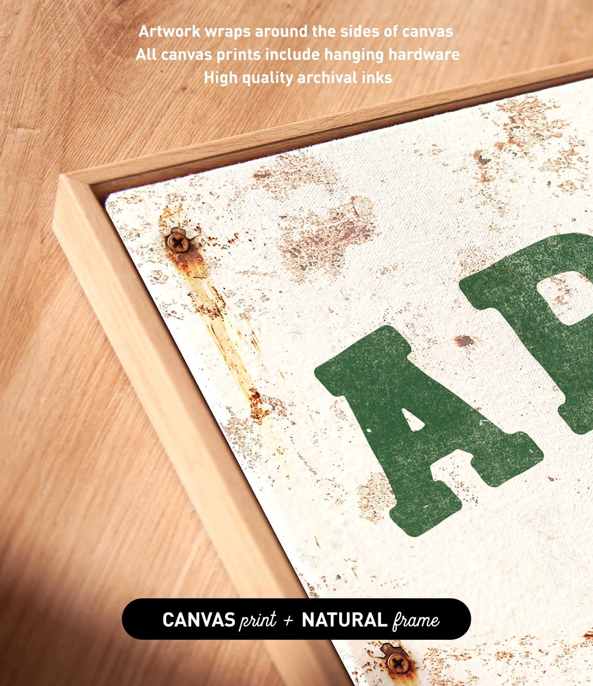 a close-up view of a canvas print with a rustic, aged appearance, and the word "AP" prominently displayed in the center.