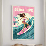 a woman surfing on a pink surfboard, with palm trees and a sunset in the background.