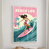 a woman surfing on a pink surfboard, with palm trees and a sunset in the background.