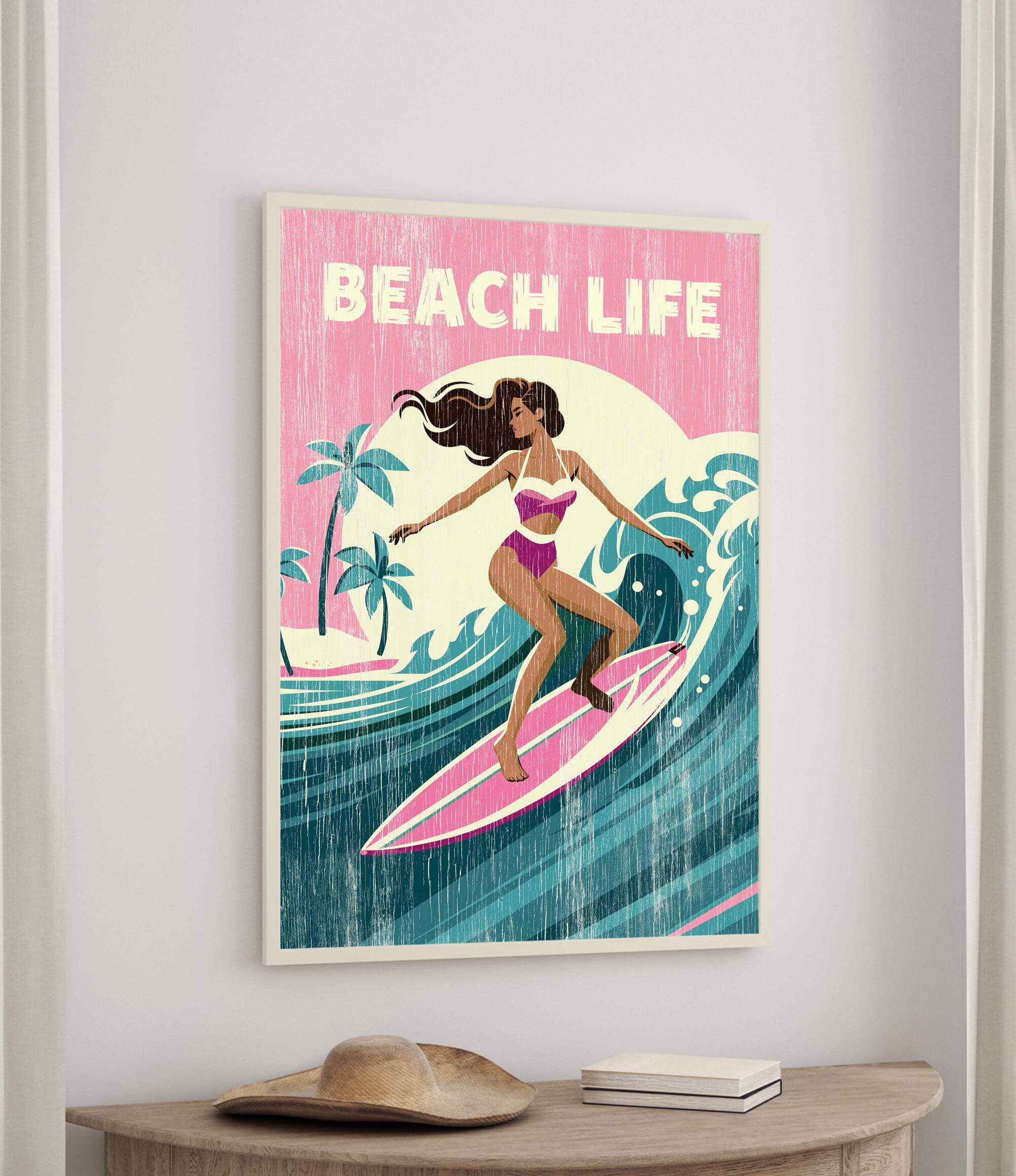 a woman surfing on a pink surfboard, with palm trees and a sunset in the background.