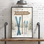 The Cerulean Après Ski Signpost Wall Art features skis, poles, and a vintage “Après Ski” sign on a snowy backdrop—ideal mountain lodge decor for your space.