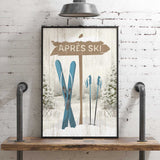 The Cerulean Après Ski Signpost Wall Art features skis, poles, and a vintage “Après Ski” sign on a snowy backdrop—ideal mountain lodge decor for your space.