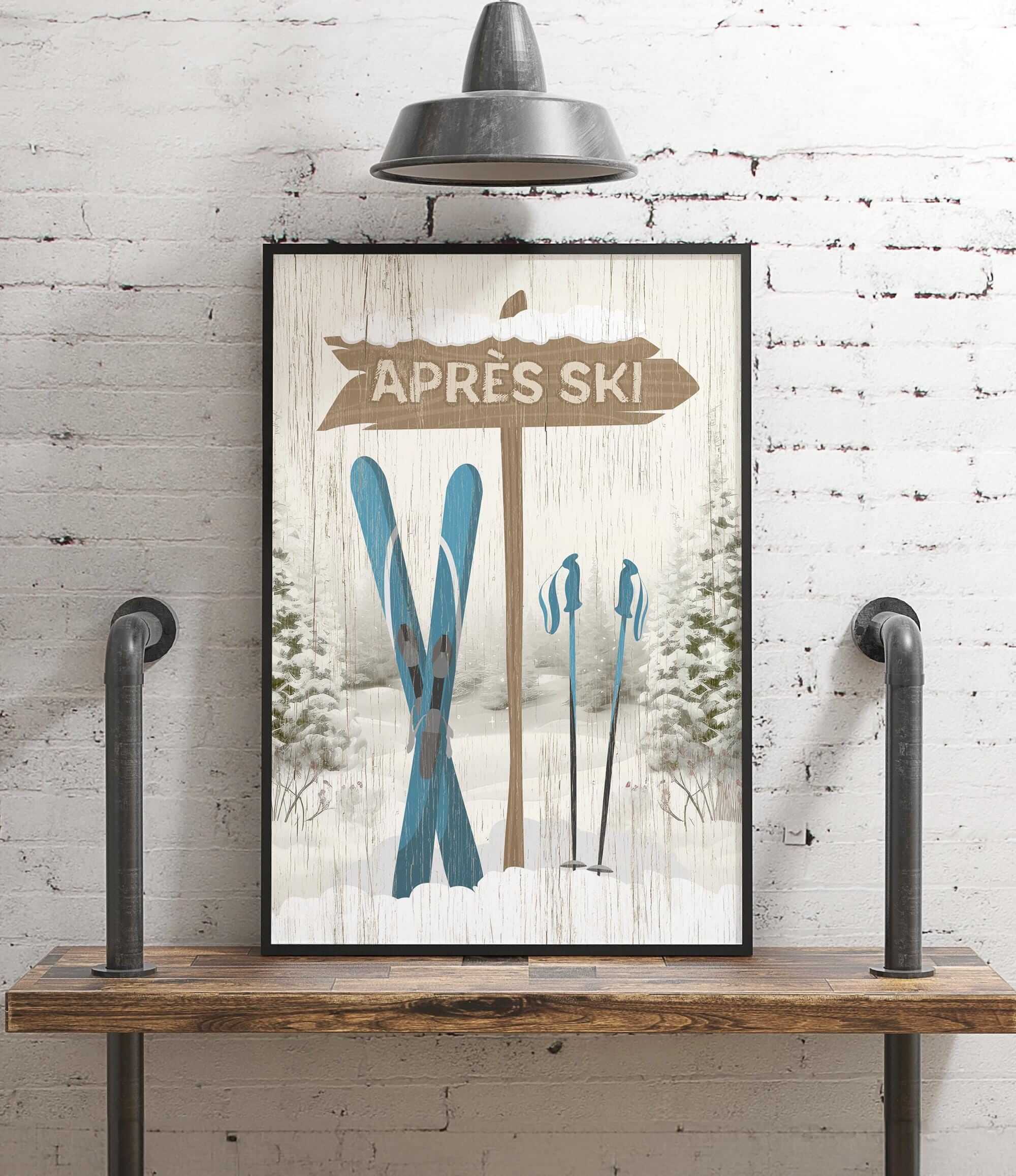 The Cerulean Après Ski Signpost Wall Art features skis, poles, and a vintage “Après Ski” sign on a snowy backdrop—ideal mountain lodge decor for your space.