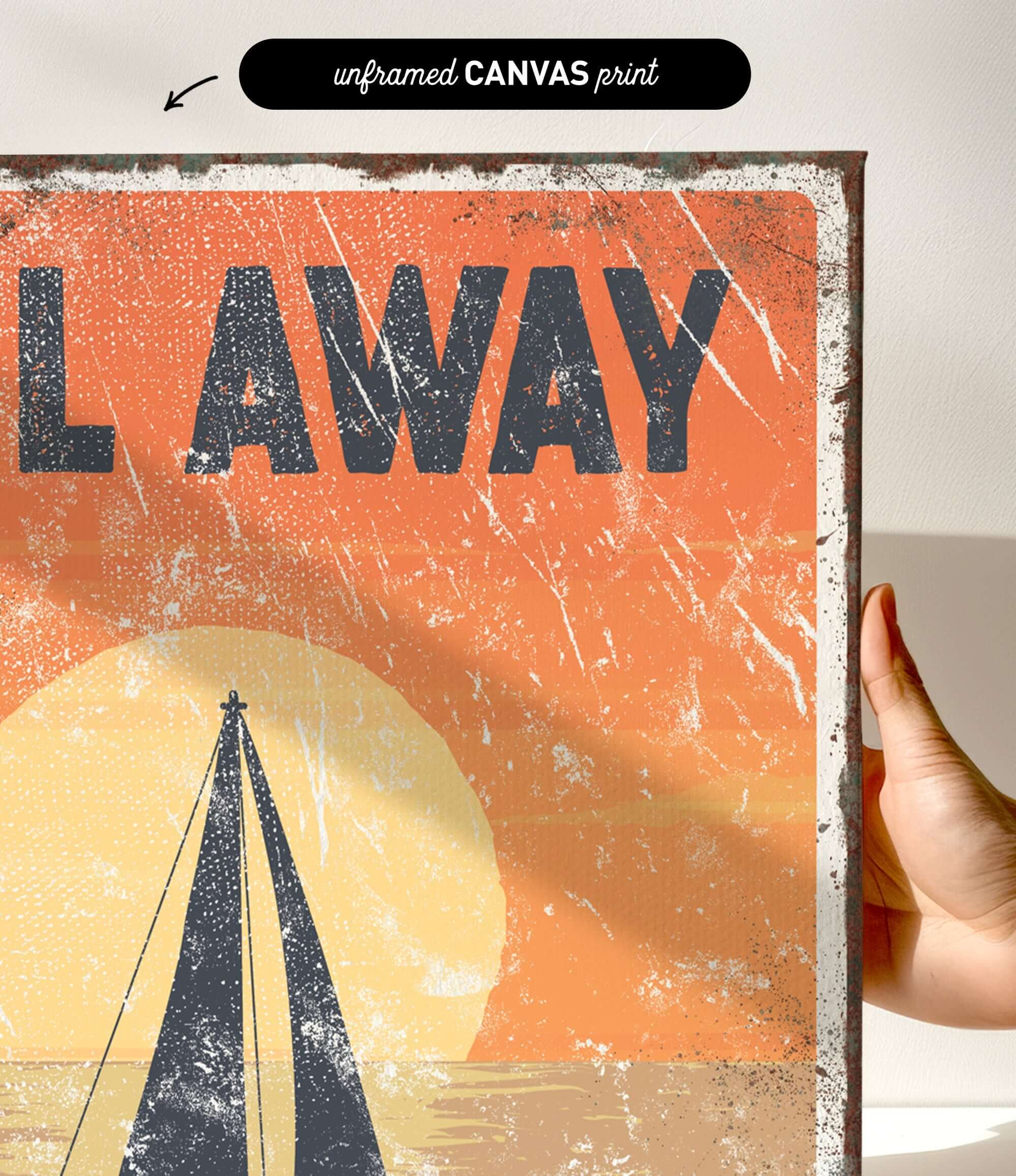 a hand holding a poster with a sailboat on it