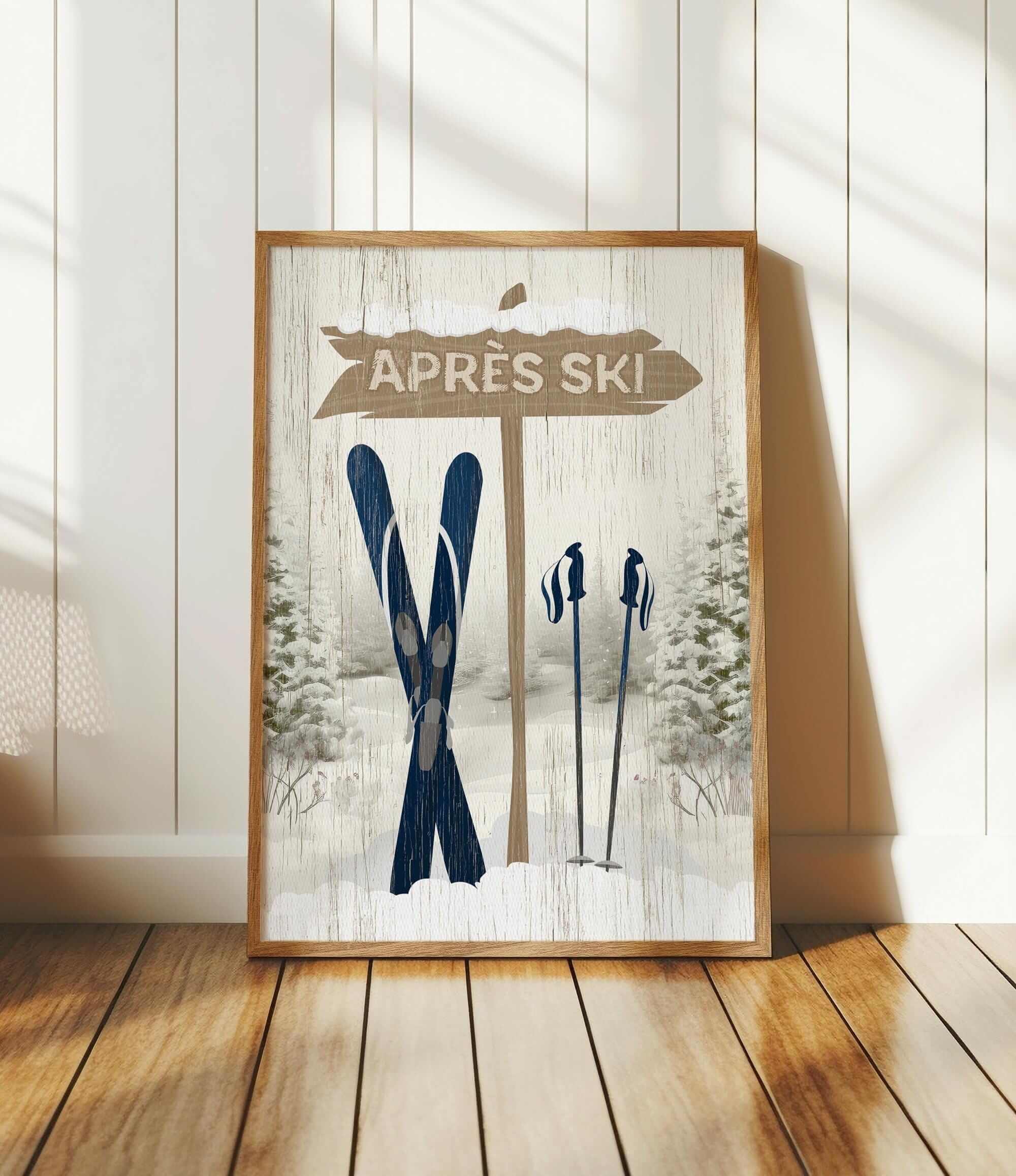 A framed print featuring a winter scene with a sign that says "APRÈS SKI" and a pair of skis