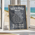 A sign on a beach house window that lists the rules for guests to follow while at the beach.