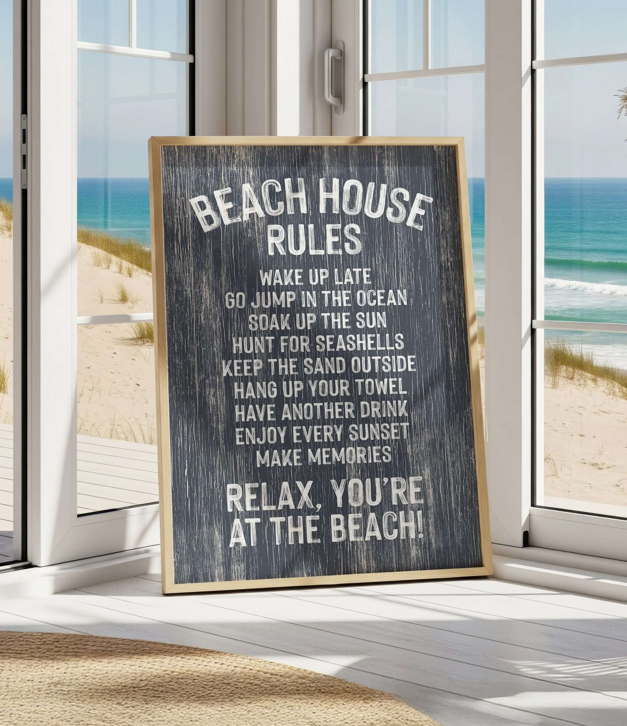 A sign on a beach house window that lists the rules for guests to follow while at the beach.