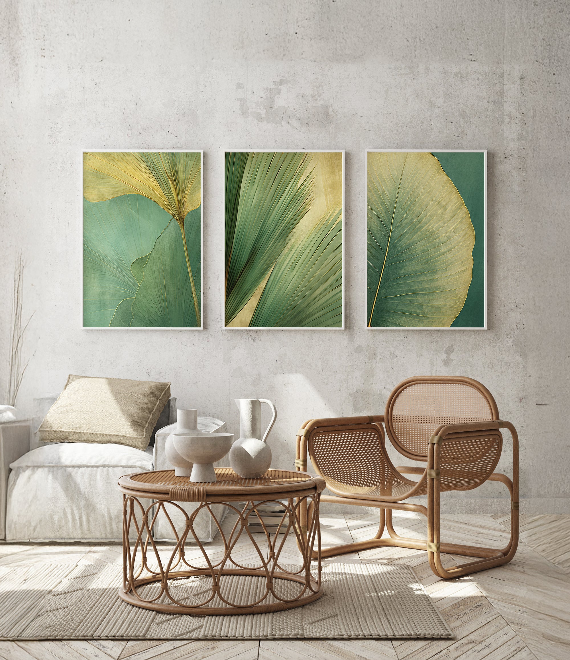a modern living room with a white sofa, a wicker coffee table, and three framed leaf art pieces on the wall.