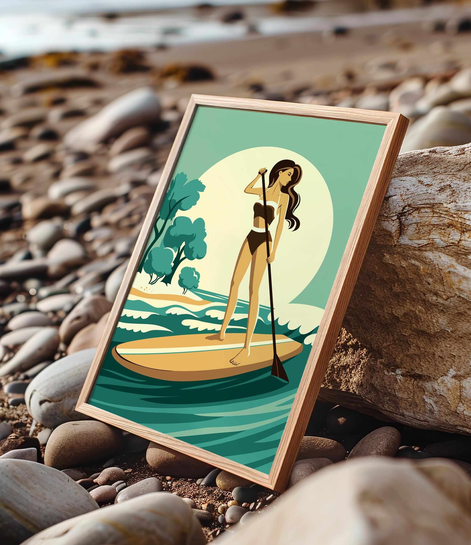 A framed illustration of a woman paddleboarding on a beach, with a serene ocean and sky background.