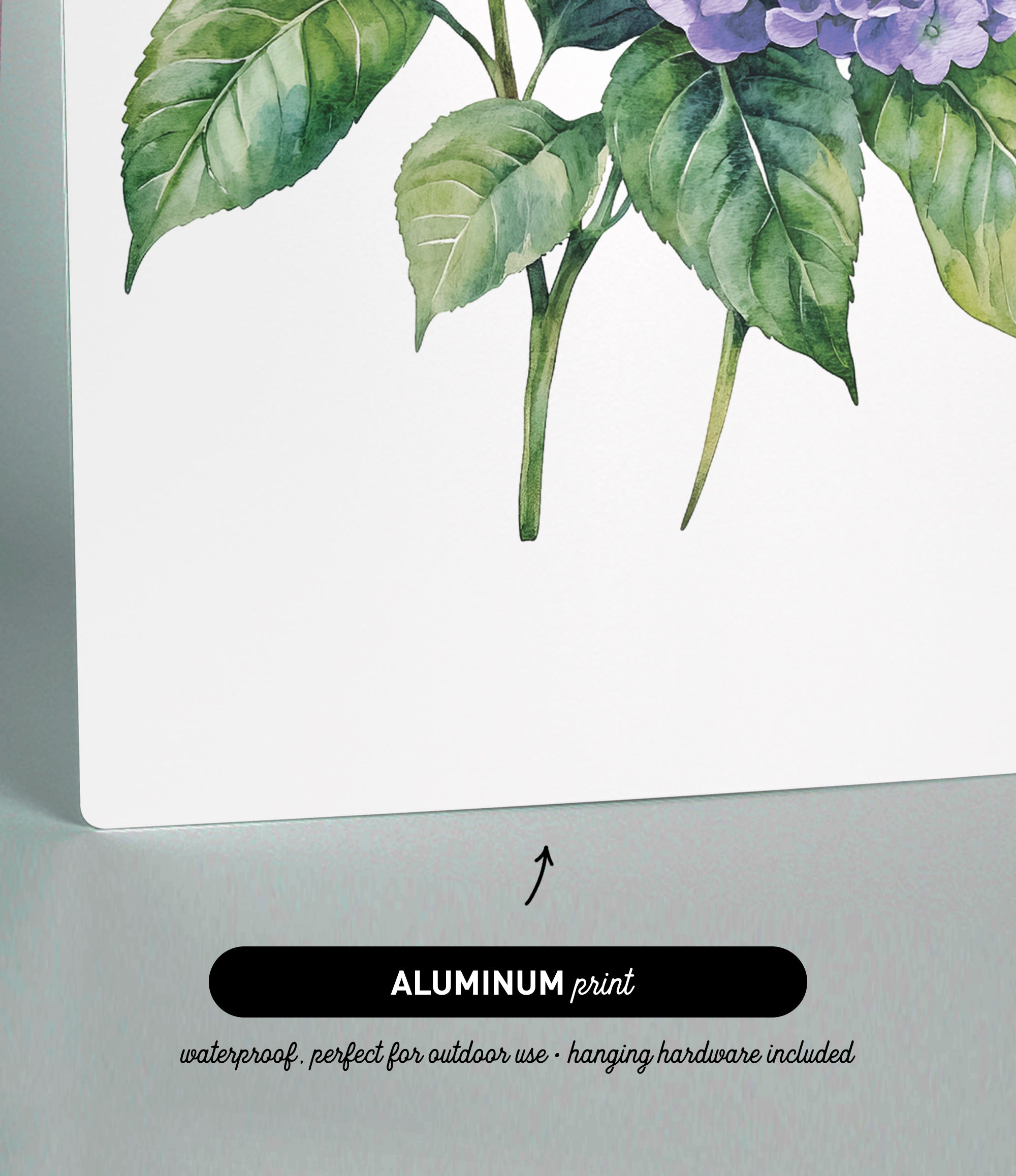 The image is an aluminum print featuring a watercolor painting of a flower with green leaves.