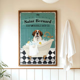 A framed vintage advertisement for "Saints Bernard Soap and Bubble Bath Co." featuring a Saint Bernard dog sitting in a bathtub filled with bubbles.