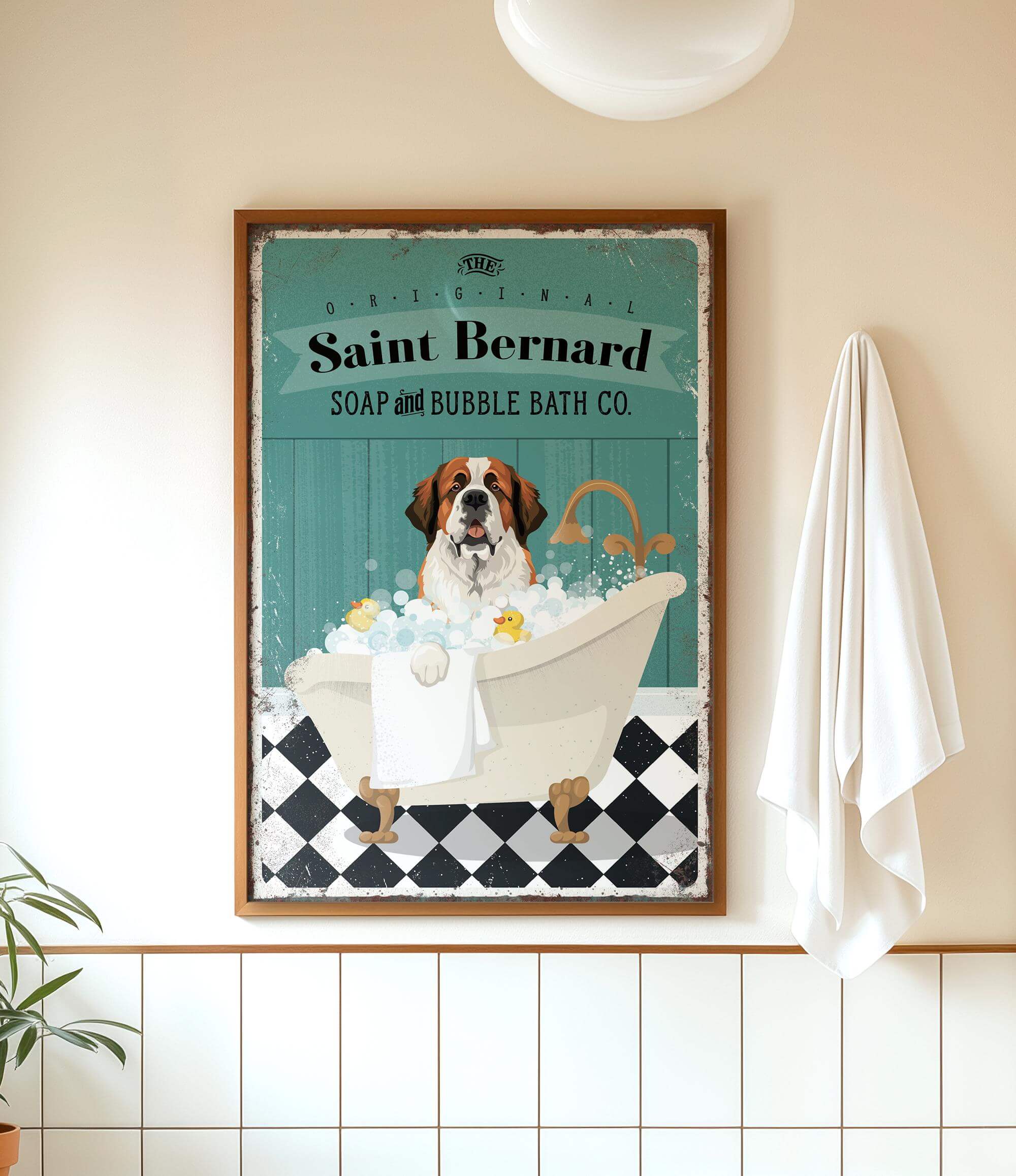 A framed vintage advertisement for "Saints Bernard Soap and Bubble Bath Co." featuring a Saint Bernard dog sitting in a bathtub filled with bubbles.