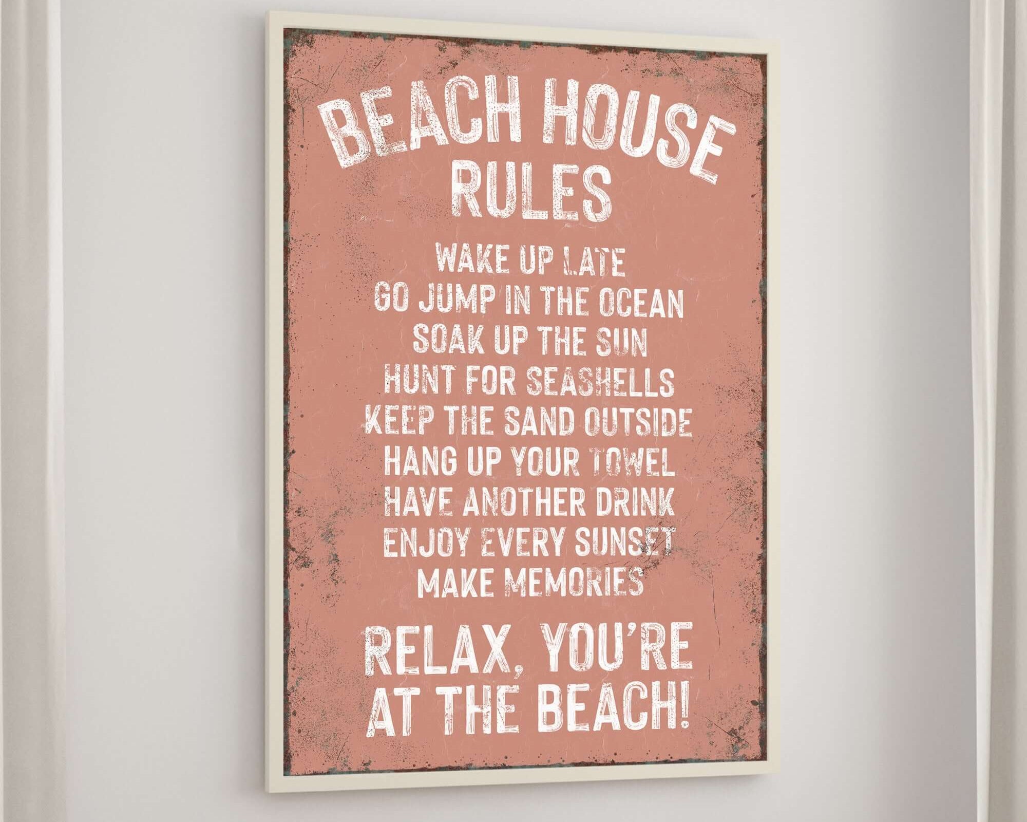 The Beach House Rules Sign, Rusted Edge, Coral, features playful activities for a fun vibe—perfect retro wall decor for any coastal-themed home.