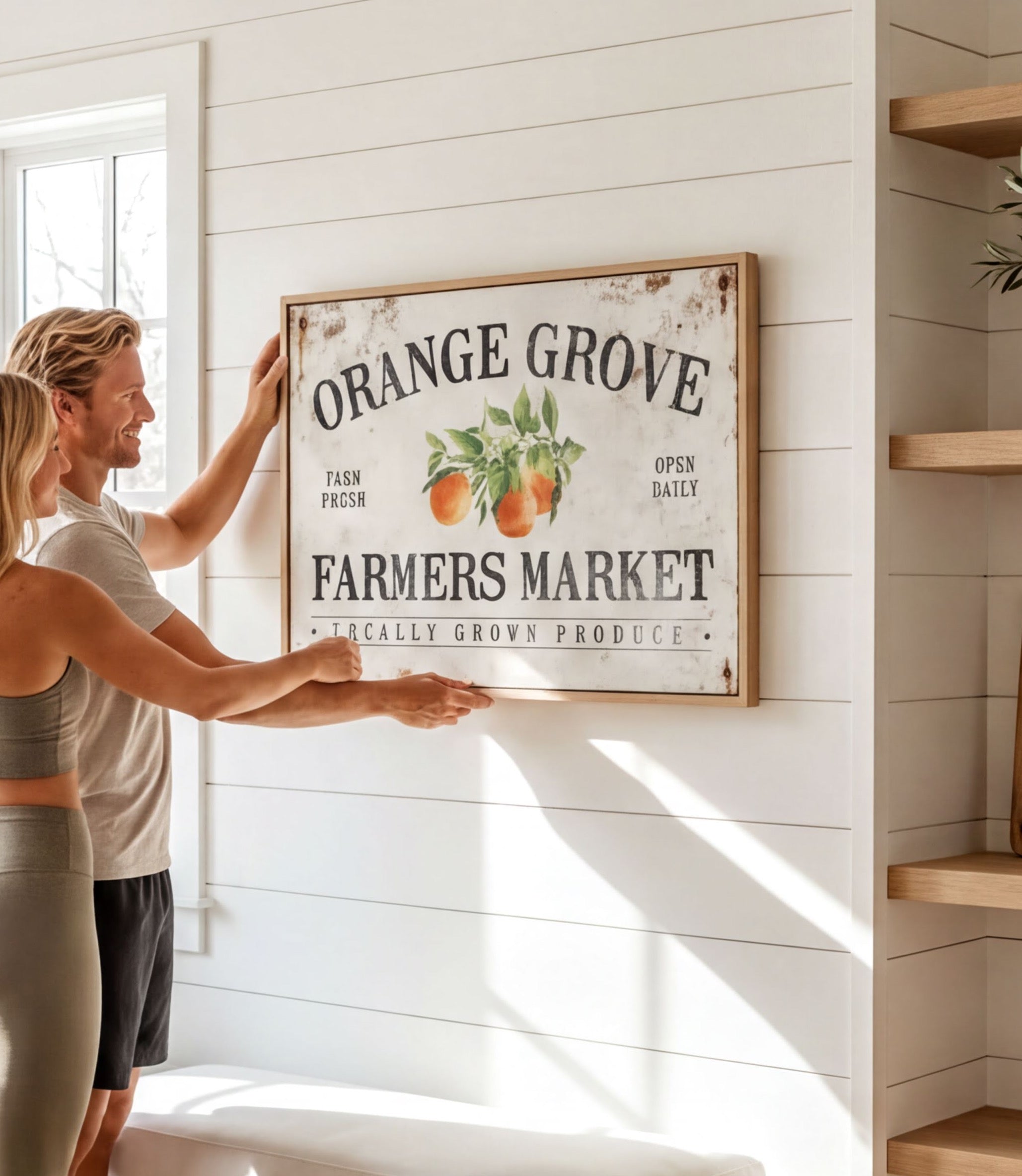 A man and a woman are hanging a vintage-style sign for "Orange Grove Farmers Market" on a white wall.