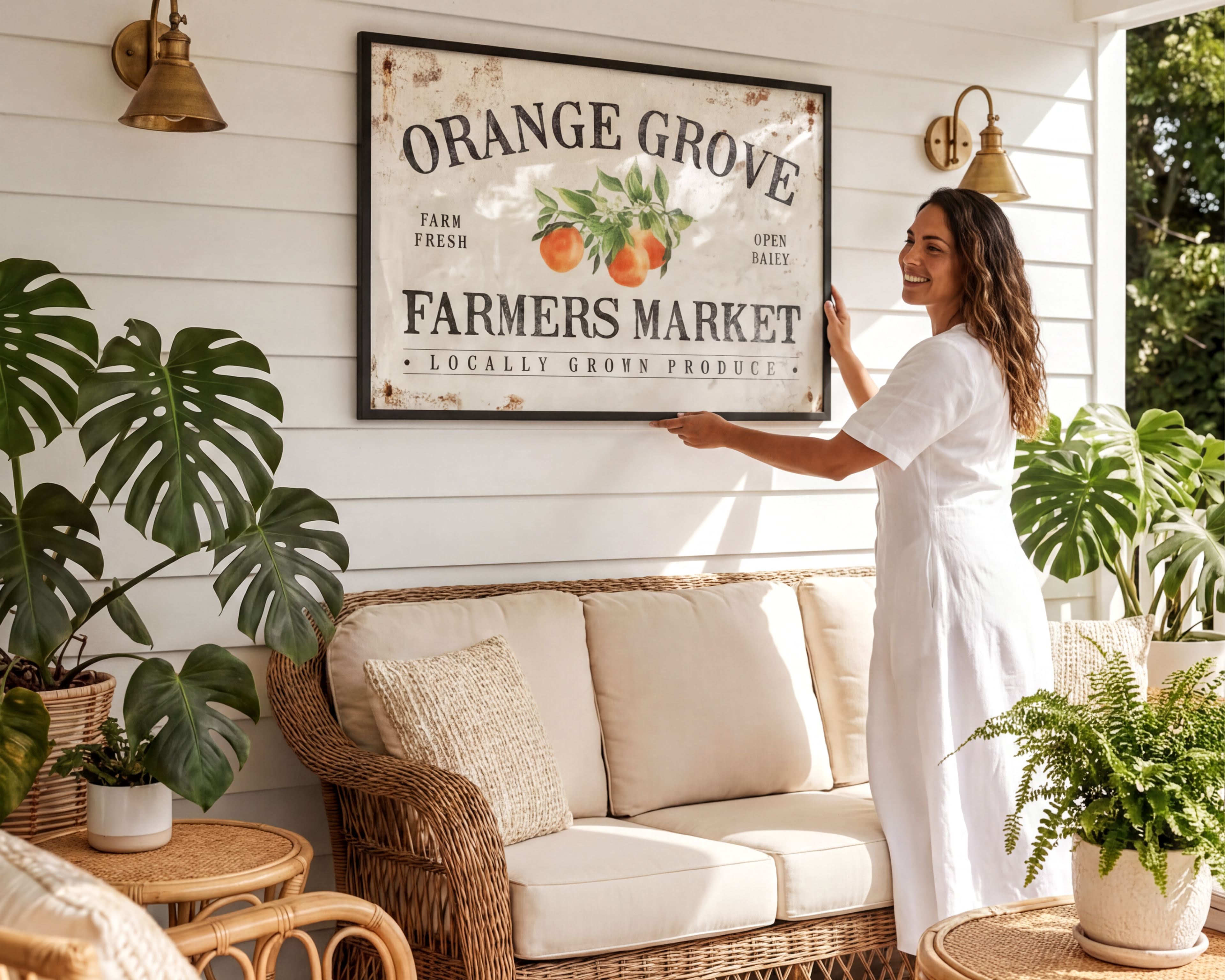 A woman in a white dress is standing in a room with a large framed sign that reads "Orange Grove Farmers Market" and various potted plants surrounding the space.
