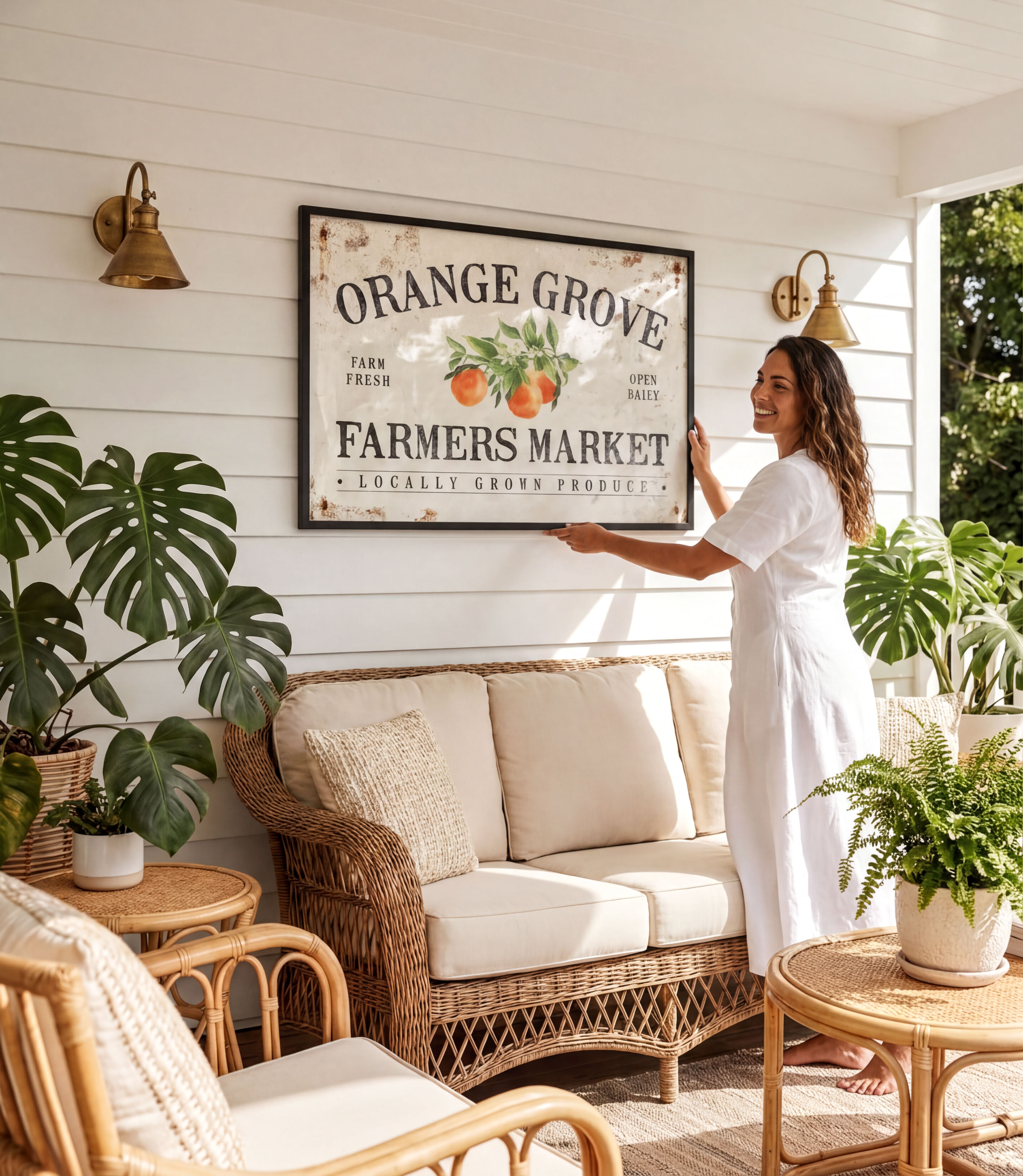 A woman in a white dress is standing in a room with a large framed sign that reads "Orange Grove Farmers Market" and various potted plants surrounding the space.