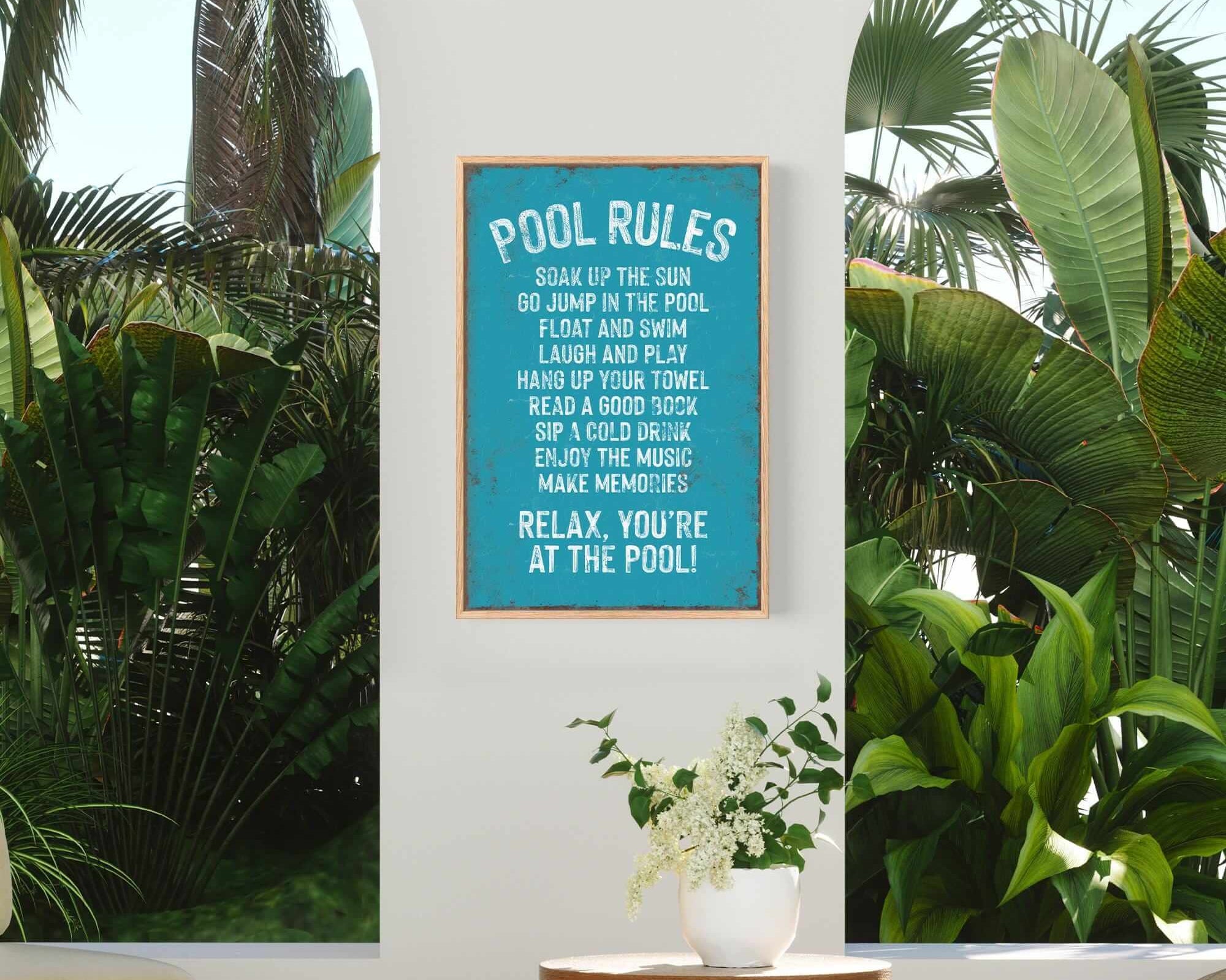 a picture of a pool rules poster hanging on a wall