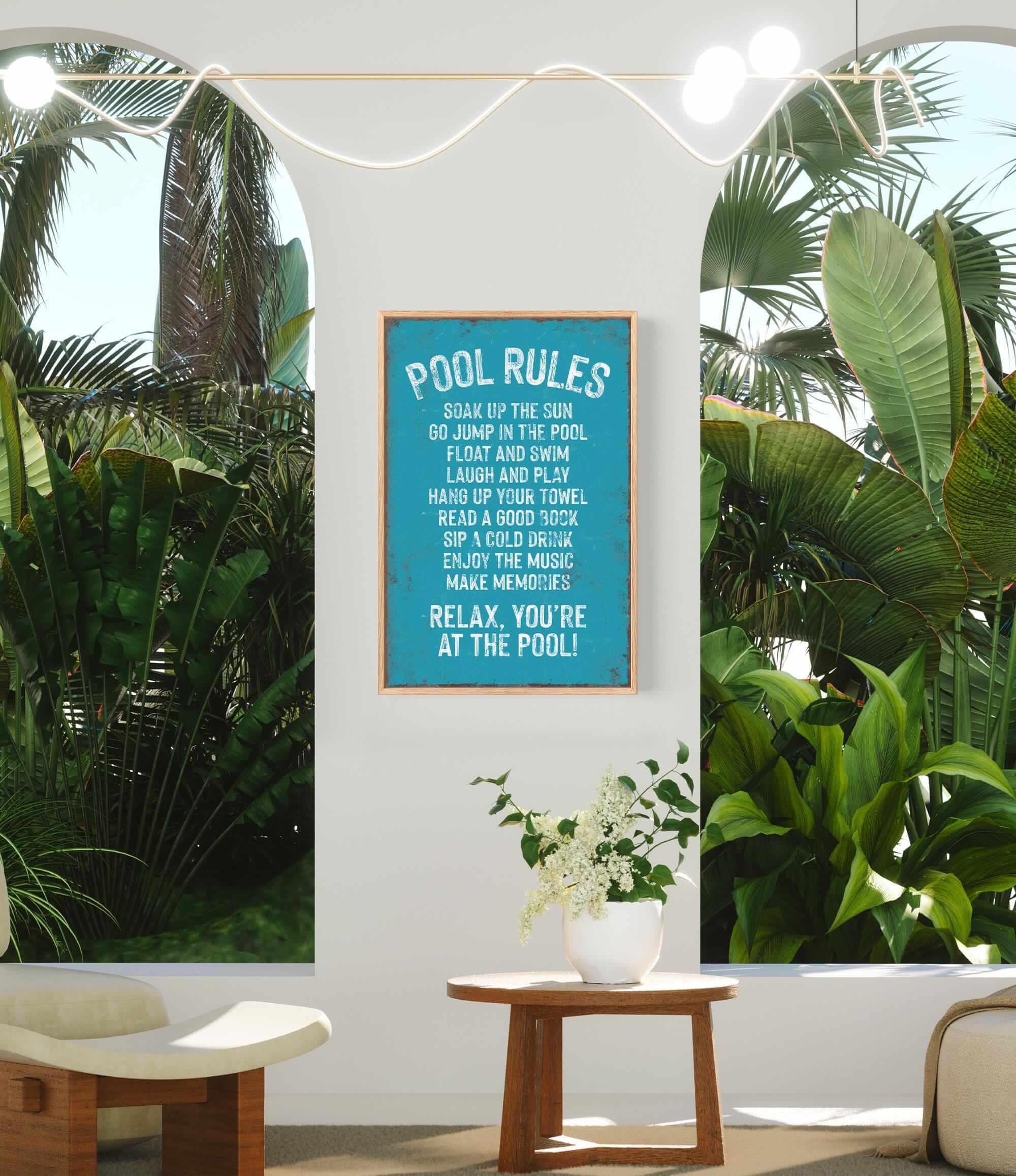 a picture of a pool rules poster hanging on a wall