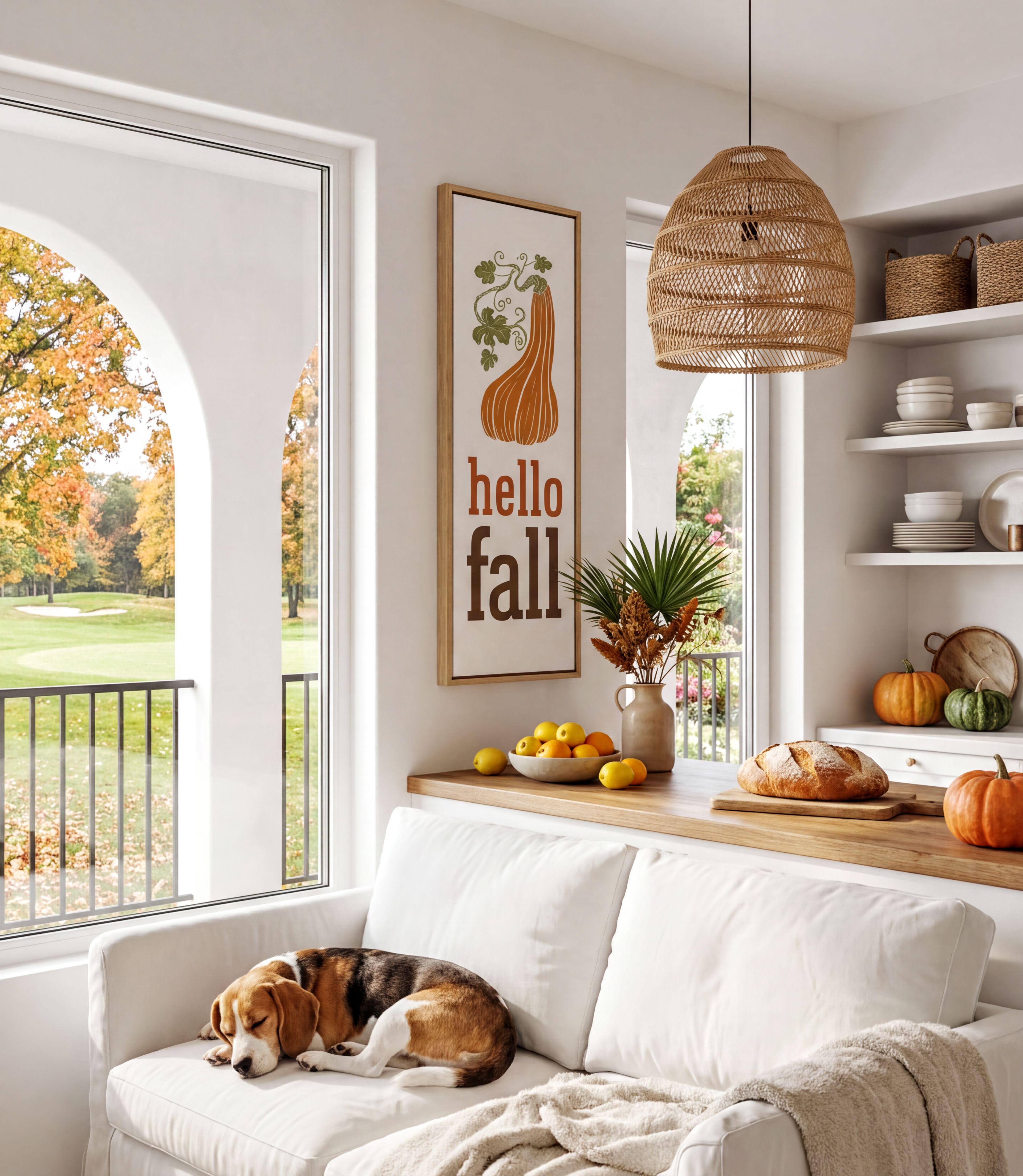 A cozy living room with a white sofa, a dog sleeping on the armrest, and a wicker pendant light hanging above. The room has a window overlooking a golf course, and there are various fall-themed decorations and items, such as a framed sign, a vase of flowers, and a bowl of fruit.